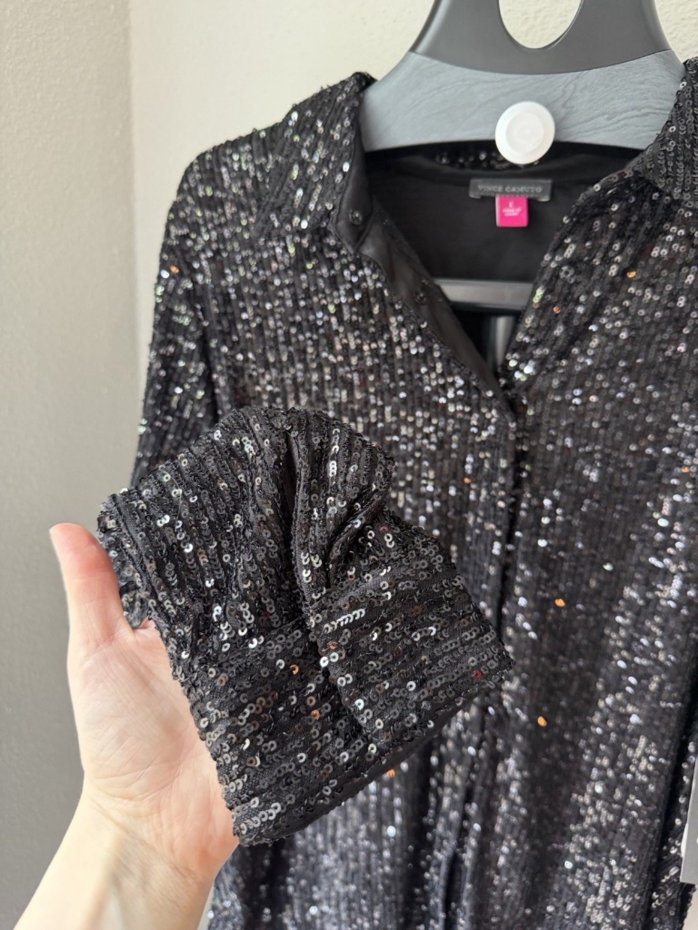 Vince Camuto Women's Black Sequin Button-Down Collared Long Sleeve Blouse L - Picture 4 of 6